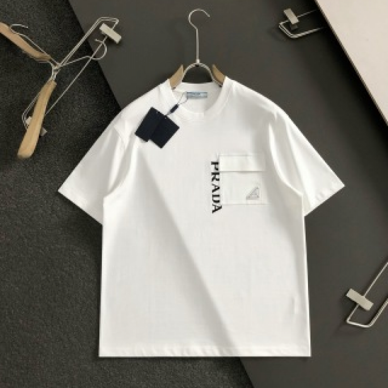 Pra*a SpringSummer White Pocket Letter Leather Fusion Metal Triangle Logo T-shirt