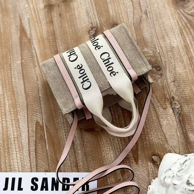 Chloe Woody linen pure cotton canvas and glossy small dough, pink casual bag mini: 20*14*6cm