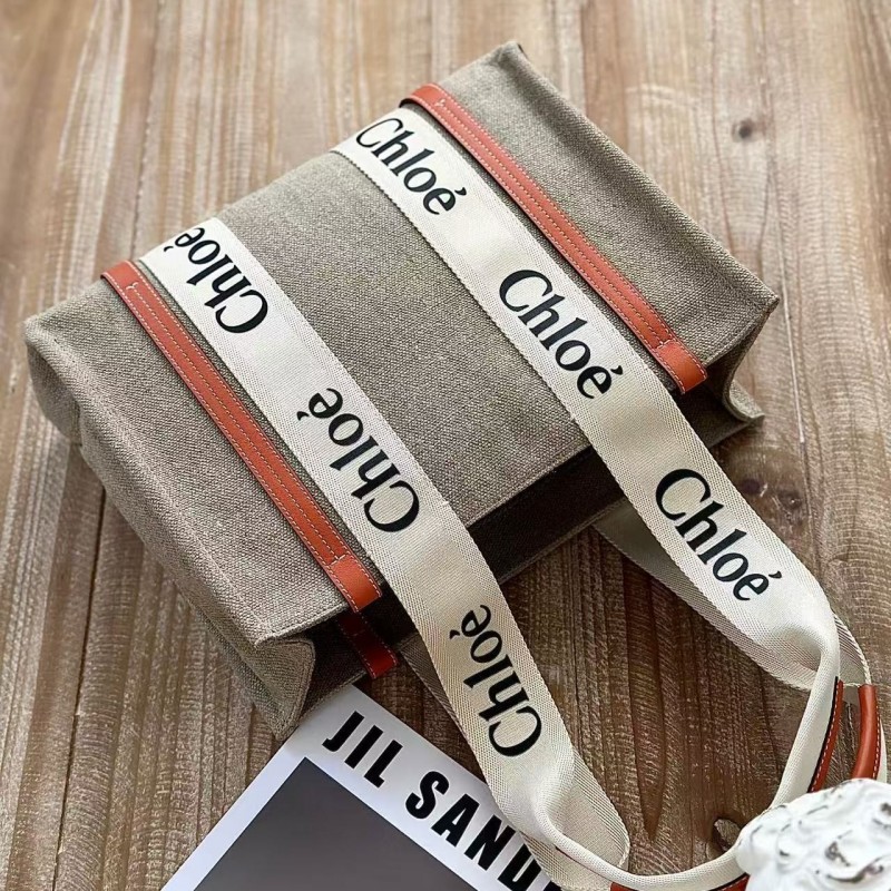 Chloe Woody linen pure cotton canvas and glossy crust, orange casual bag Small: 26.5*20*8cm