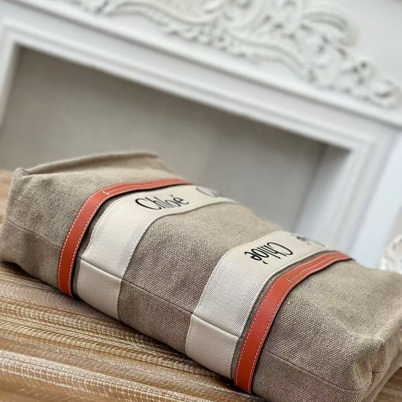 Chloe Woody linen pure cotton canvas and glossy small dough, orange casual bag Large size: 45*33*13c