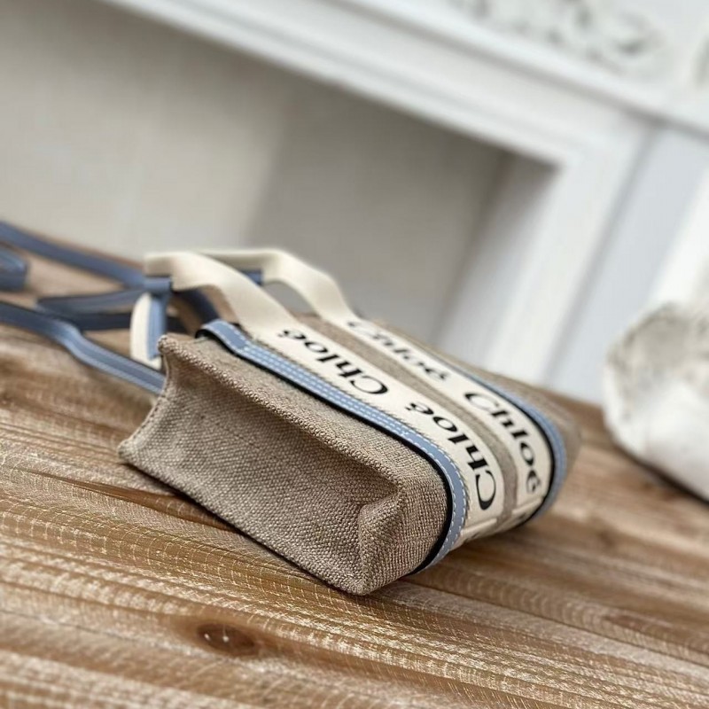 Chloe Woody linen pure cotton canvas and glossy small dough, blue casual bag mini: 20*14*6cm