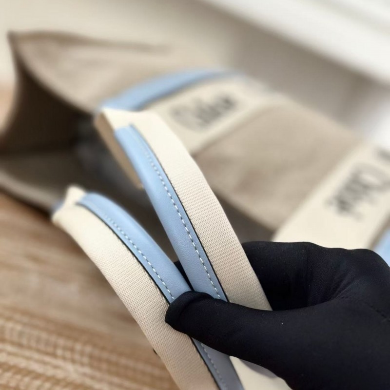 Chloe Woody linen pure cotton canvas and glossy small dough, blue casual bag Medium size: 37*26*12cm