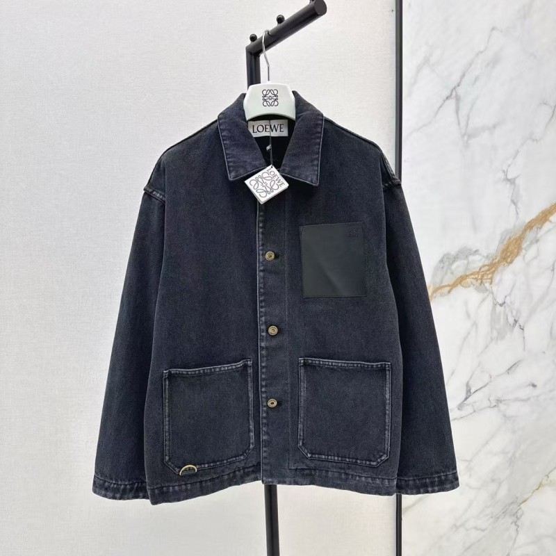 L0ew* SpringSummer New Vintage Leather Brand Decorated Denim Jacket