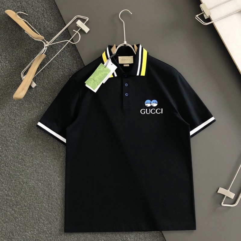 G*u*i Floral neckline embroidered polo shirt with cartoon lettering